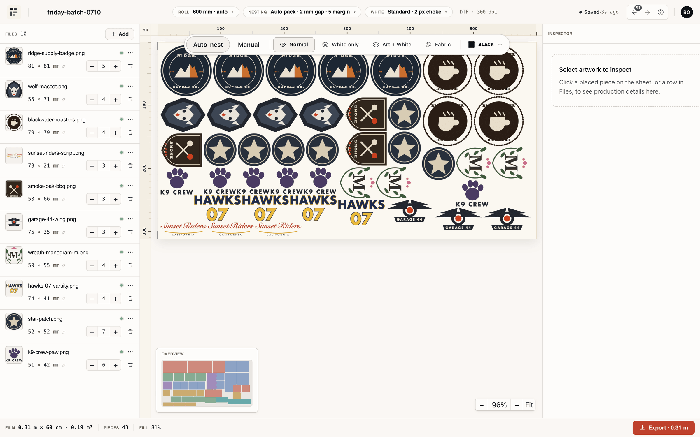 NestSheet builder with a 43-piece order auto-nested on a 600 mm DTF roll: files rail with print sizes and copy counts on the left, live canvas in the middle, film and fill readout at the bottom